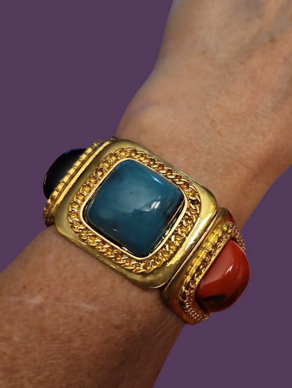 Vintage 1980s Colorful Medieval Byzantine Style Chunky Square Stretch Bracelet